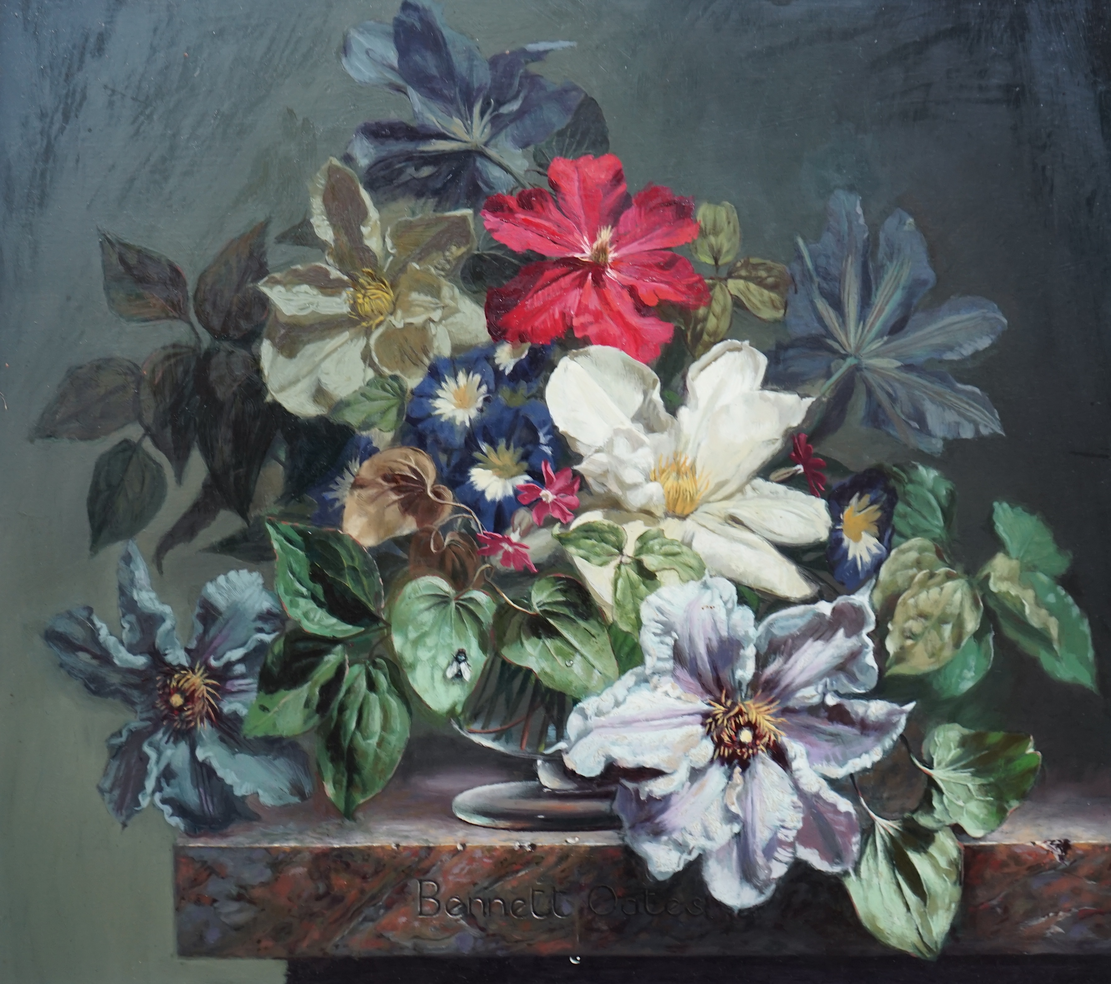 Bennett Oates (English, 1928-2009), 'Clematis and Convolvulus', oil on board, 40 x 45cm
